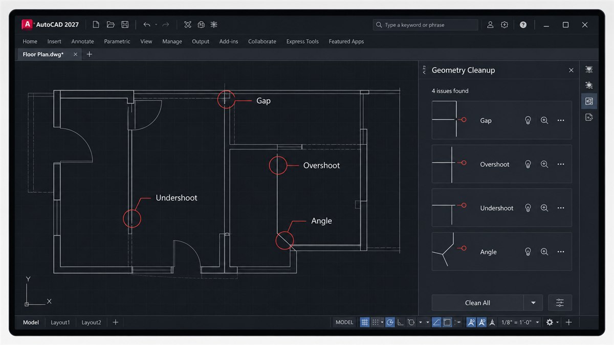 Geometry Cleanup phát hiện lỗi hình học trong AutoCAD