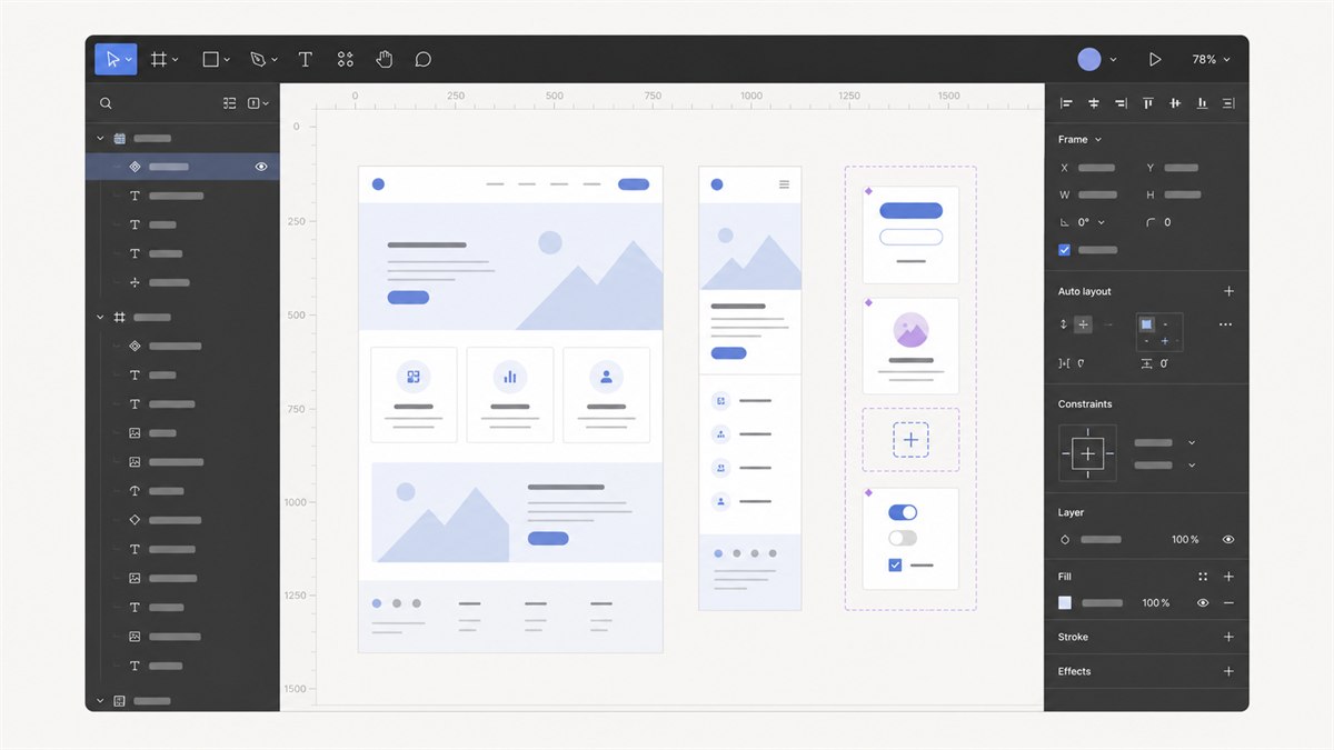 Giao diện Figma Design với canvas, layer và bảng thuộc tính