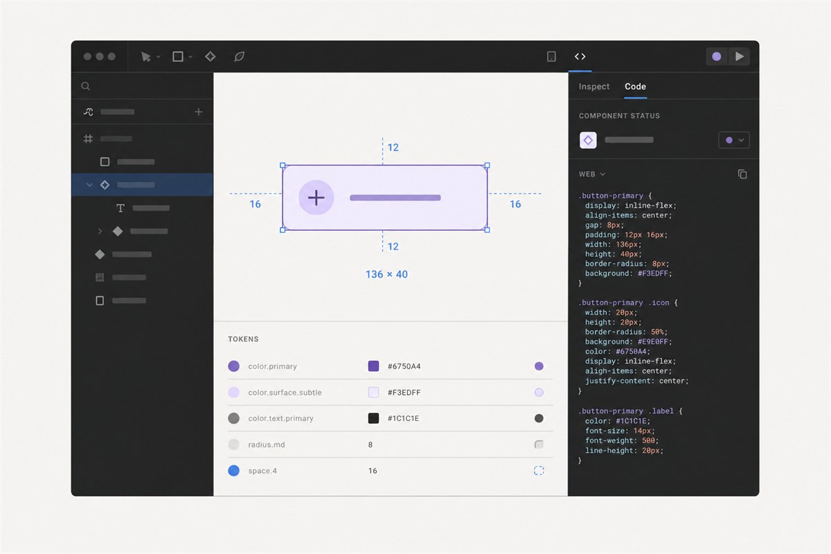 Figma Dev Mode hiển thị khoảng cách, design token và mã CSS của component
