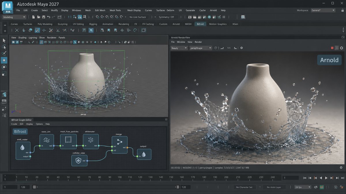 Bifrost simulation và Arnold rendering trong Autodesk Maya